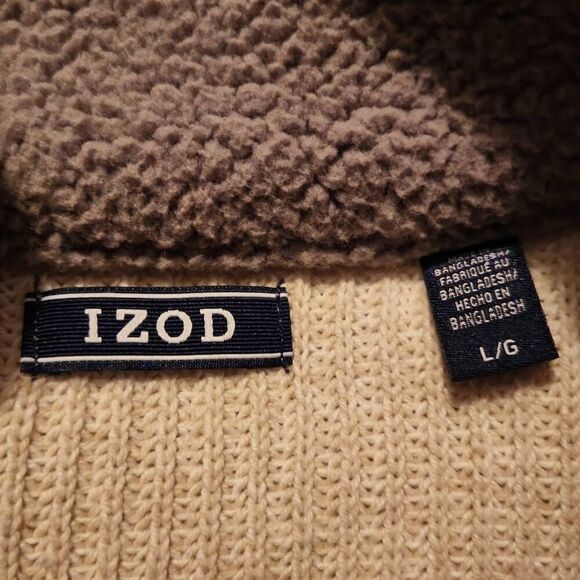 Izod Men's Size Large Cream Gray Sherpa Collar 1/4 Zip Pullover Sweater - Picture 5 of 6